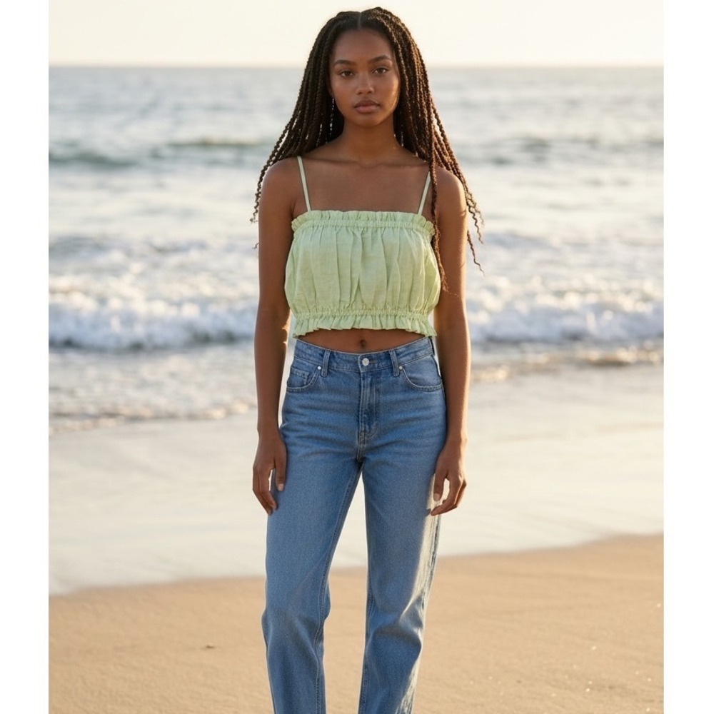 Maison‎ Essentiele Gathered Cami Aloe Gel Green Cotton Linen Crop Top L NEW